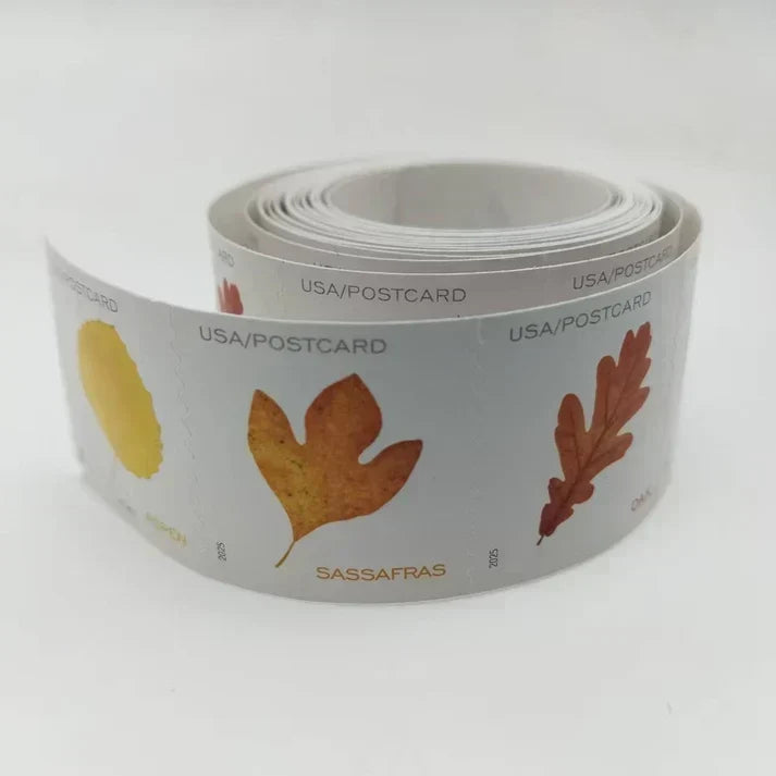 2025 Vibrant Leaves Postcard Stamps Colorful Autumn Leaf Designs, Roll Format