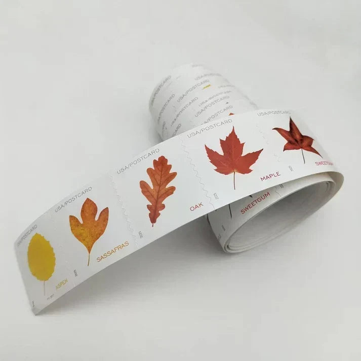 2025 Vibrant Leaves Postcard Stamps Colorful Autumn Leaf Designs, Roll Format