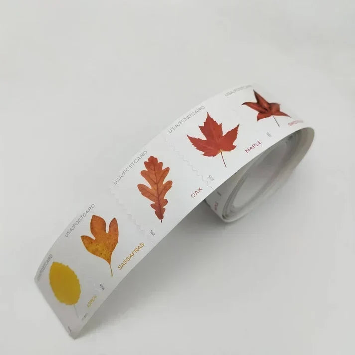 2025 Vibrant Leaves Postcard Stamps Colorful Autumn Leaf Designs, Roll Format